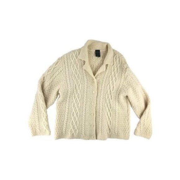 Paul James Womens L 100% Wool Cable Knit Cream Long Sleeve Button Up Sweater - Picture 1 of 6